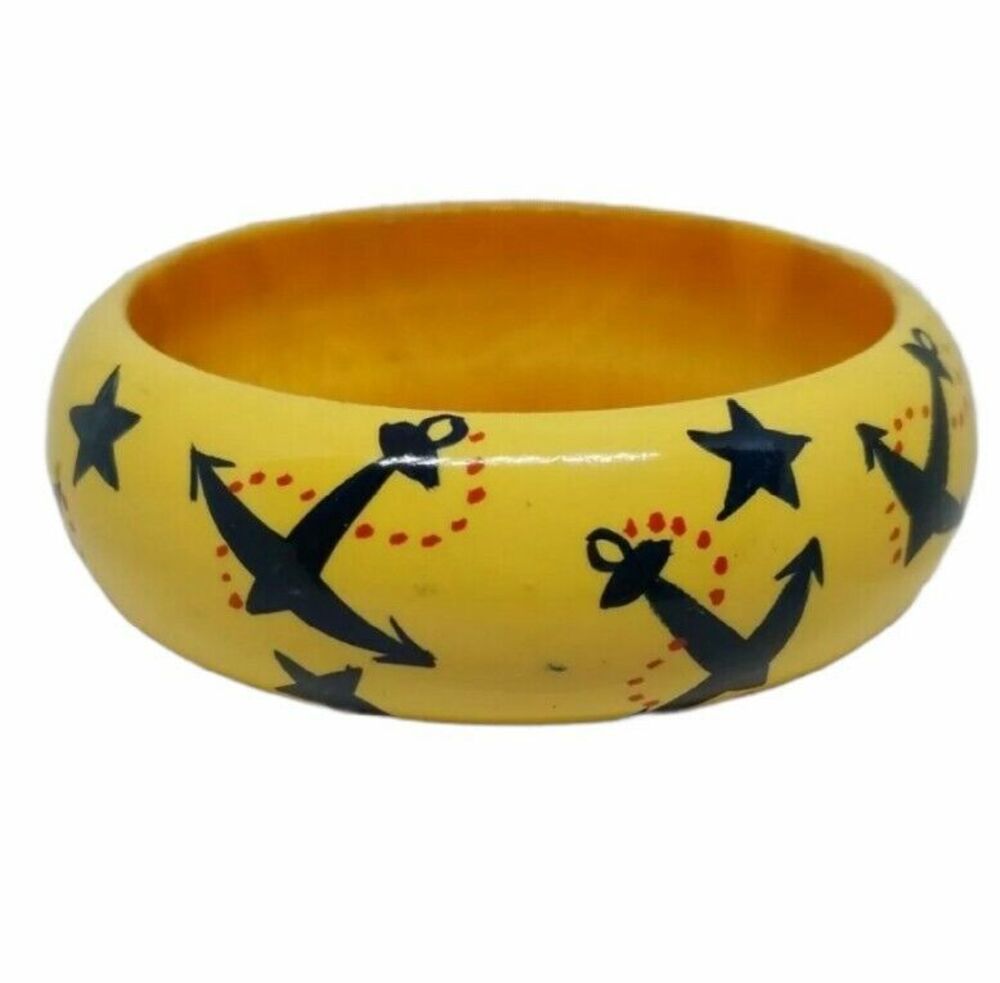 Nautical Wood Bangle Bracelet Yellow Blue Red Painted Anchors Stars Vintage